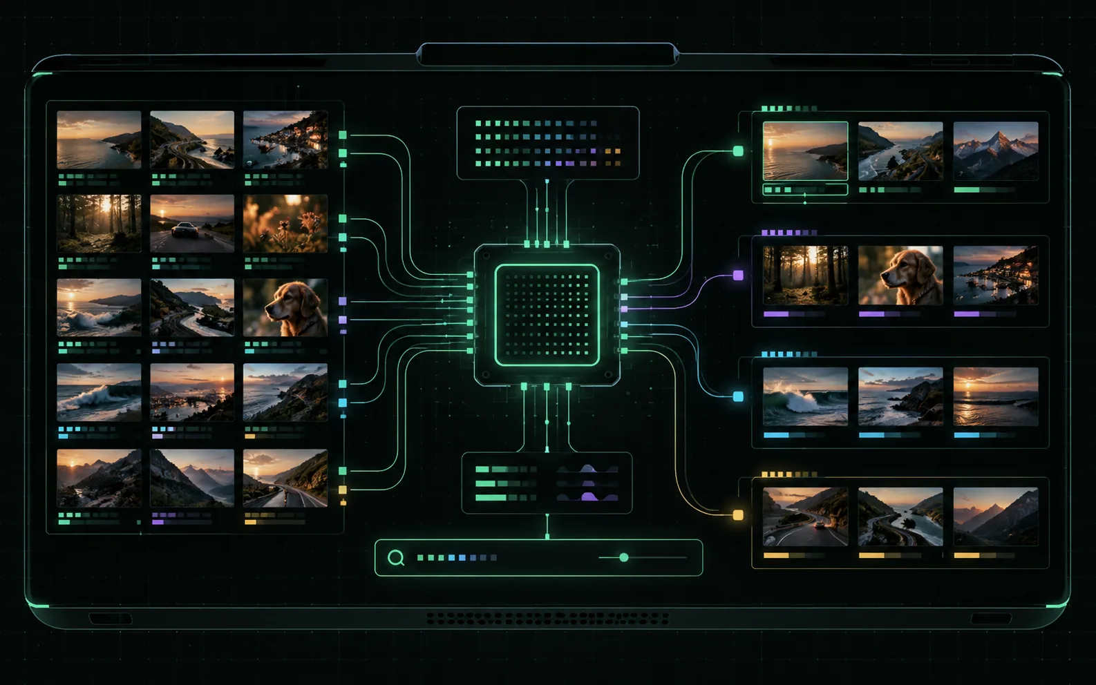 Neon illustration of on-device AI analyzing a video library