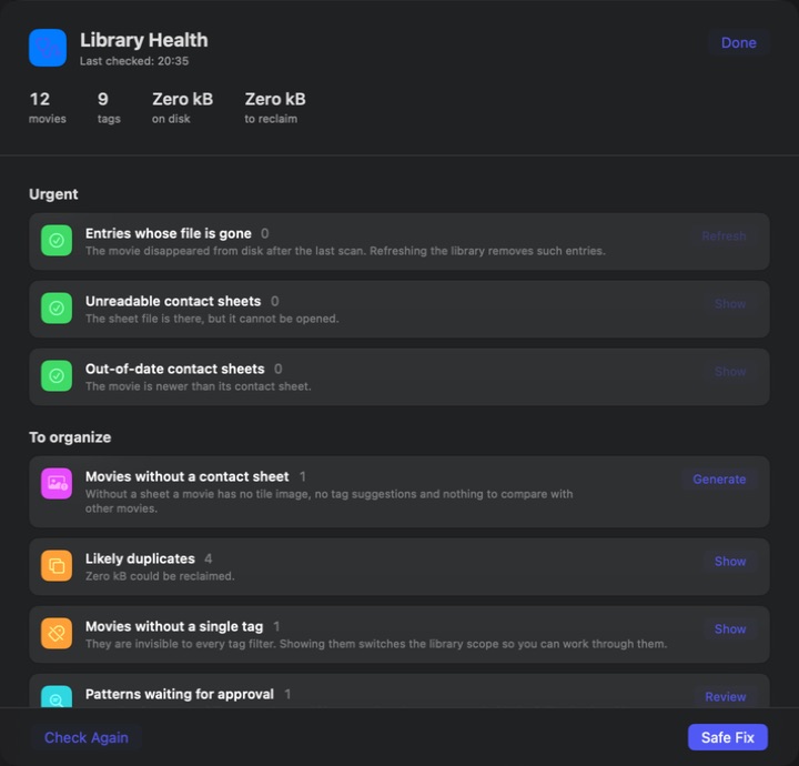 The Library Health panel in FrameShelf