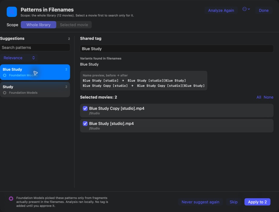 Filename pattern review in FrameShelf