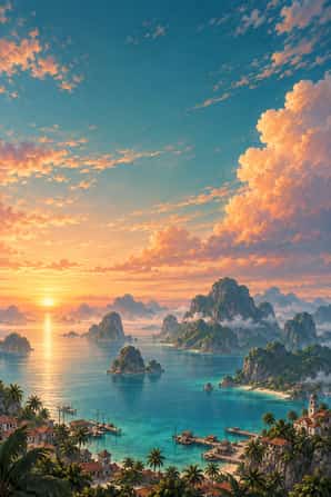 A tropical archipelago at dawn