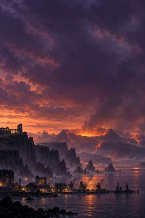 A volcanic caldera at dusk